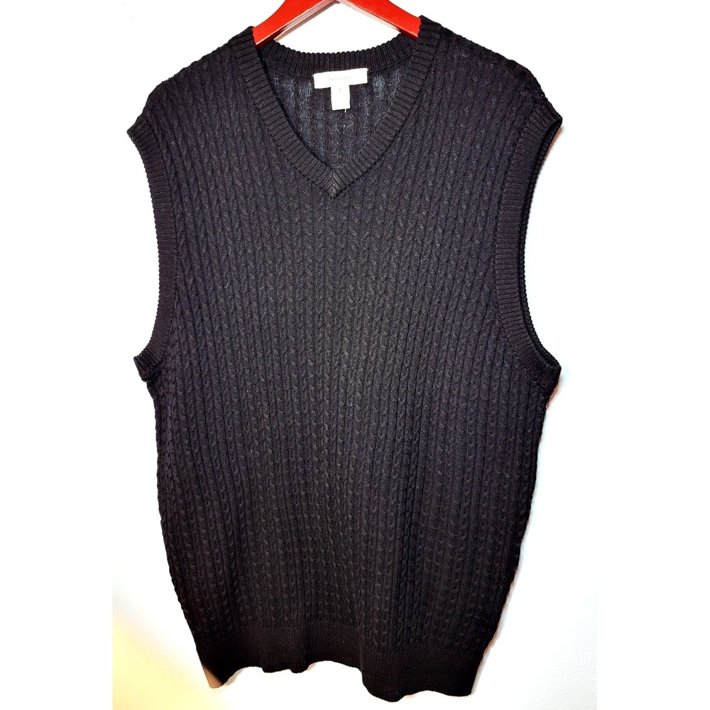 Turnbury Black‎ Mercerized Cotton Cable V-Neck Vest Ribbed Hem Size Large Career